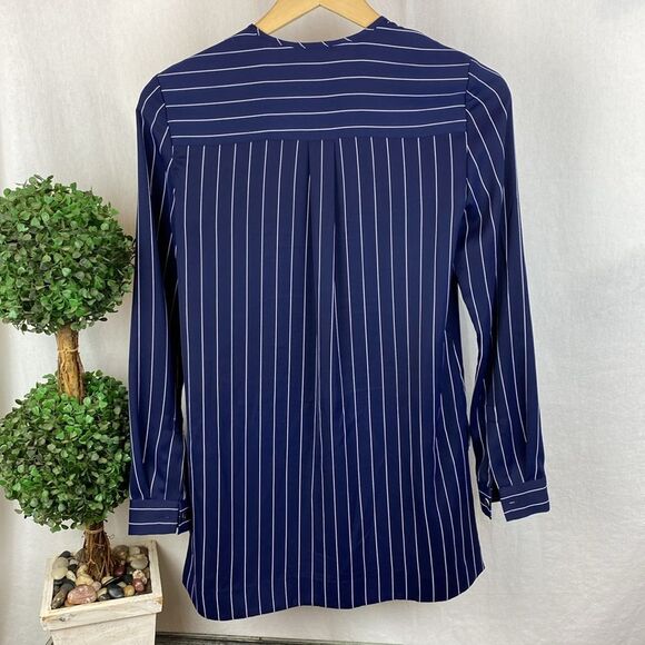 Armani Exchange Blue & White Pinstriped Long Sleeve Collarless Blouse XS - Picture 3 of 6